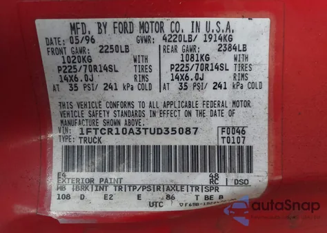 1996 Ford Ranger z USA, uszkodzony, nr VIN 1FTCR10A3TUD35037